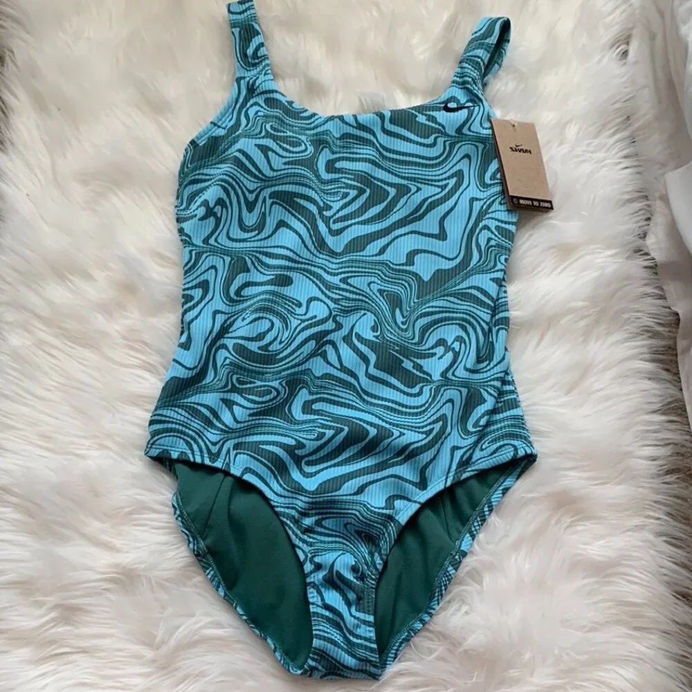 NIKE SWIM Women's Swirl Scoop Neck One-Piece Swimsuit in Green/Blue Sz MEDIUM - Picture 3 of 9